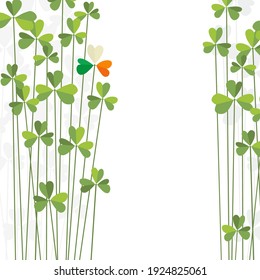 St. Patrick's Day template design with tall Shamrocks. One shamrock with flag colors of Ireland. Space for text. Vector design for banners, social media, party posters, greeting cards, and flyers.