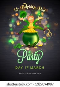 St Patricks Tagesvorlage oder Flyer Design mit glücklichem Kobobobobaun Mann und Münztopf auf Holzstrukturhintergrund.