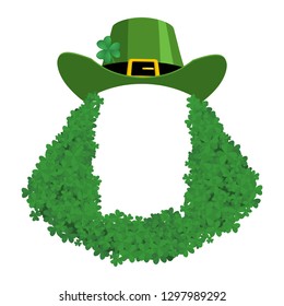 St Patricks day Template. Leprechaun blank banner. hat and beard in Shamrock. Holiday of Ireland. Traditional Irish holiday