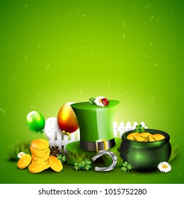 St. Patrick's Day template with Leprechaun`s hat, pot of gold, cloverleafs and balloons in the colors of Ireland.