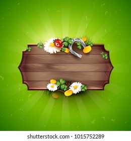 St. Patrick's Day template with Leprechaun`s hat, pot of gold, cloverleafs and balloons in the colors of Ireland.