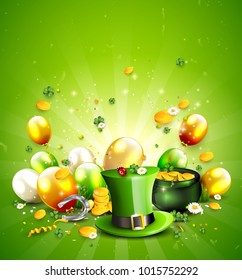 St. Patrick's Day template with Leprechaun`s hat, pot of gold, cloverleafs and balloons in the colors of Ireland.