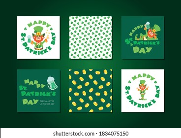 St. Patricks day templates set. Collection of cards and backgrounds decorated with leprechaun, green beer and coins. Can be used for greeting card, invitations, flyers etc. Vector 10 EPS.