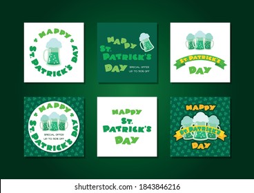 St. Patricks day templates set. Collection of cards decorated with mugs of green ale. Can be used for greeting card, invitations, flyers etc. Vector 10 EPS.