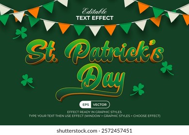 St. Patrick's Day Text Effect 3D Green Orange Color Style. Editable Text Effect. Ireland Flag Garland And Shamrock Element Decoration.