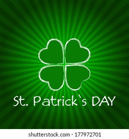 St. Patrick's Day text with green shamrock and striped rays, holiday seasonal concept, vector