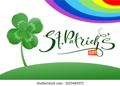 St. Patrick's day text greeting card and luck leaf clover. Vector cartoon illustration
