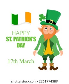 St. Patrick's Day banner with Text and Fancy Elements Irish Flag, Shamrock, Leprechaun. Website Background or Banner 