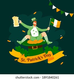 St. Patrick's Day Text Ribbon With Cartoon Leprechaun Man Holding Irish Flag, Beer Mug And Shamrock Leaves On Green Background.