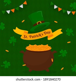 St. Patrick's Day Text Ribbon With Golden Coins Pot, Leprechaun Hat, Shamrock Leaves And Bunting Flags On Green Background.
