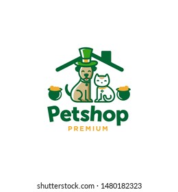 St. Patrick's Day theme cat dog petshop logo with hat and gold, clover leaf