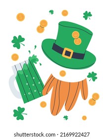 St. Patrick's Day theme. Clover leaves, gold coins, green beer and a big hat. Accessories for the holiday of patrick's day. Flat vector illustration. Eps10