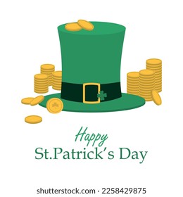 St. Patrick's Day theme design. Green Leprechaun Hat with Clover and a lot of gold coins. Isolated on white background.