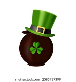  St. Patrick's Day Theme Element. Cauldron with gold coins, clover, St. Patrick's hat. Vector illustration