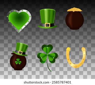  St. Patrick's Day Theme Element. Cauldron with gold coins, clover, St. Patrick's hat. Vector illustration