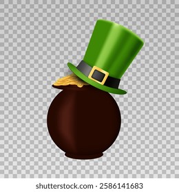  St. Patrick's Day Theme Element. Cauldron with gold coins, clover, St. Patrick's hat. Transparent background. Vector illustration