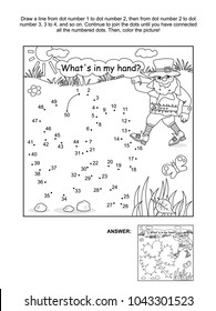 St. Patrick's Day themed connect the dots picture puzzle and coloring page with clover leaf and leprechaun. What's in my hand? Answer included.