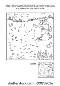 St. Patrick's Day themed connect the dots picture puzzle and coloring page with clover leaf and leprechaun. Answer included.
