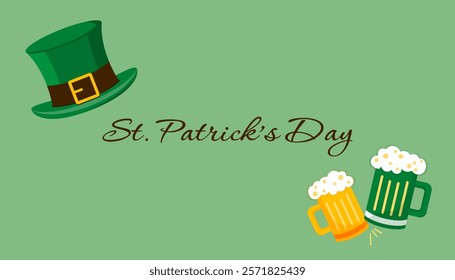 St. Patrick's Day themed illustration with leprechaun hat, clinking beer mugs, green background, festive celebration concept