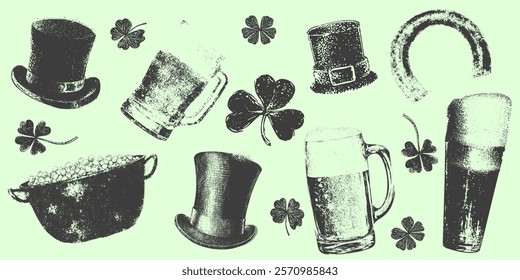 St. Patrick's Day themed illustrations with beer mugs, hats, clovers and horseshoe on light green background