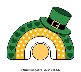 Um arco-íris temático do Dia de São Patrício com um chapéu de leprechaun no topo, decorado com corações e pontos.