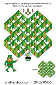 St. Patrick's Day themed rooms and doors maze game or activity page: Help the leprechaun get through the quatrefoil shaped maze. Answer included.