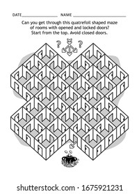 St Patrick's Day themed rooms and doors maze game or activity page: Can you get through this quatrefoil shaped maze of rooms with opened and locked doors? Start from the top. Avoid closed doors. 