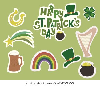 St. Patrick's day themed sticker set with hand drawn lettering and various objects on green
