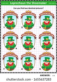 St Patrick's Day themed visual puzzle or picture riddle with leprechaun the shoemaker's signboards: Can you find two identical pictures? Answer included. 