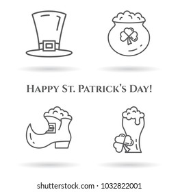 St. Patrick's Day thin line icons set with different holiday symbols and celebrating black and white elements. Isolated vector illustration with editable stroke.