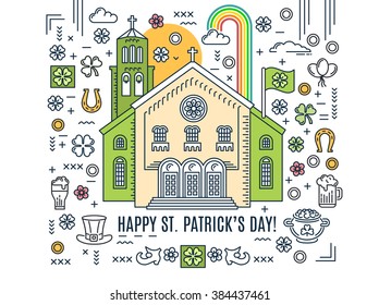 St. Patrick's Day thin line greeting card poster template. Religious flyer card. Church service event. Flat thin line stroke vector concept. Modern minimal illustration