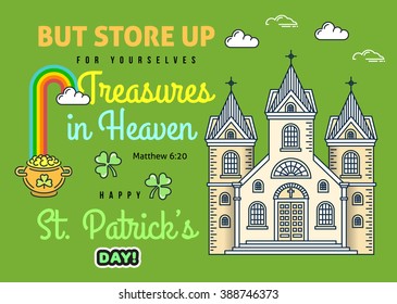 St. Patrick's Day thin line greeting card poster template. Religious flyer card. Church service event. Flat thin line stroke vector concept. Modern minimal illustration