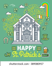 St. Patrick's Day thin line greeting card poster template. Religious flyer card. Church service event. Flat thin line stroke vector concept. Modern minimal illustration