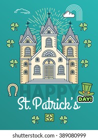St. Patrick's Day thin line greeting card poster template. Religious flyer card. Church service event. Flat thin line stroke vector concept. Modern minimal illustration