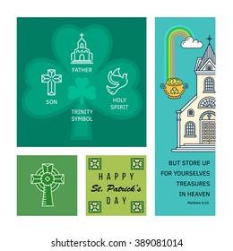 St. Patrick's Day thin line greeting card poster template. Religious flyer card. Trinity symbol of shamrock by St. Patrick. Bible quote. Flat stroke vector concept. Modern minimal illustration