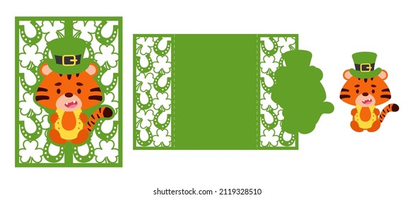 St. Patrick's Day tiger laser cutting invitation card template. Paper cut out silhouette for plotter and silk screen printing. Vector stock illustration.