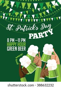 St. Patrick's Day toasting hands green beer party invitation poster. EPS 10 vector.