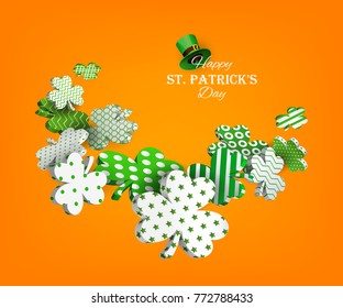 St. Patrick's Day. Traditional green leprechaun hat and 3d clover leaves with geometric patterns. Composition for festive design. Vector illustration
