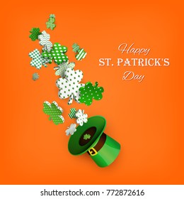 St. Patrick's Day. Traditional green leprechaun hat and 3d clover leaves with geometric patterns. Vector illustration