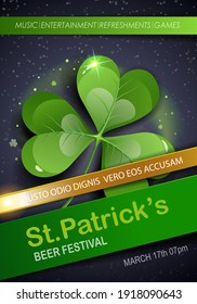 St. Patrick's Day Traditions and Symbols party flyer, brochure, invitations template.  Shamrock, on black background. Vector illustration.