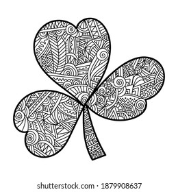 St Patrick's Day Trefoil, Irish Holiday Symbols in anti-stress coloring page with ornate zen patterns vector illustration