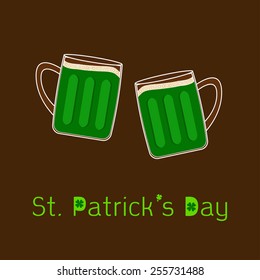 St Patricks Day Two clink green beer glasses mug with foam cap froth bubble. Flat design Vector illustration