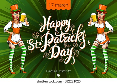 St Patricks Day Typographic, lettering, clover, leaf, leafed, irish, Beer Girl art women fun