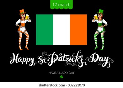 St. Patrick's Day Typographic, lettering, clover, leaf, leafed, irish, vector design elements - girl with red hair. Patricks day hand-drawn lettering. March 17 art