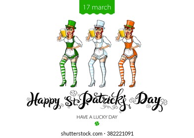 St Patricks Day Typographic, lettering, clover, leaf, leafed, irish, Beer Girl art vector