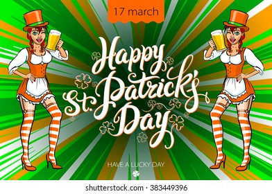 St Patricks Day Typographic, lettering, clover, leaf, leafed, irish, Beer Girl art women fun