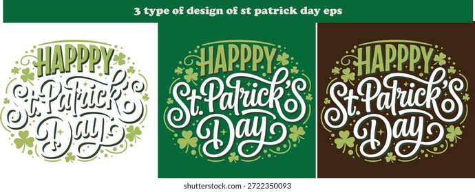 St Patricks Day Typografie Designs mit Shamrocks und Blättern auf weißem, grünem und braunem Hintergrund festliche Urlaubsgrafiken