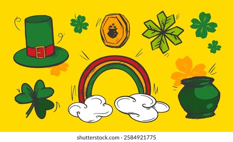 St. Patrick's Day vector art elements set. Funny hand drawn holiday sticker pack. Four leaf clover leaves, trefoil, Leprechaun treasure, rainbow, top hat, golden coin. Bright festive rough shape signs