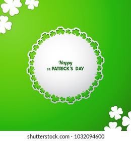 St Patrick's Day Vector background with white paper cutout round frame with ornamental border of clover leaves on green backdrop. Laser cutting element with Shamrock decoration. Invitation or card 