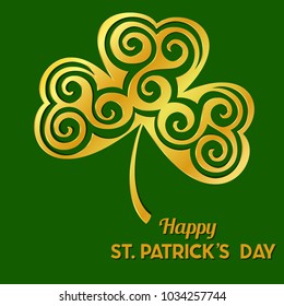 St Patrick's Day Vector background with golden cut out foil ornamental clover leaf on green backdrop. Laser cutting element decorated Shamrock. Invitation or greeting card design template. Stock 